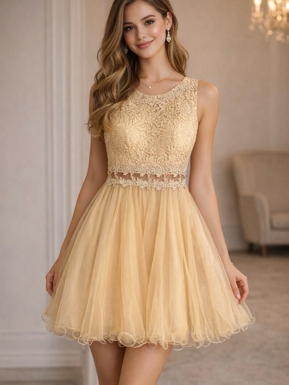Elegant Champagne yellow Lace Fit & Flare Dress